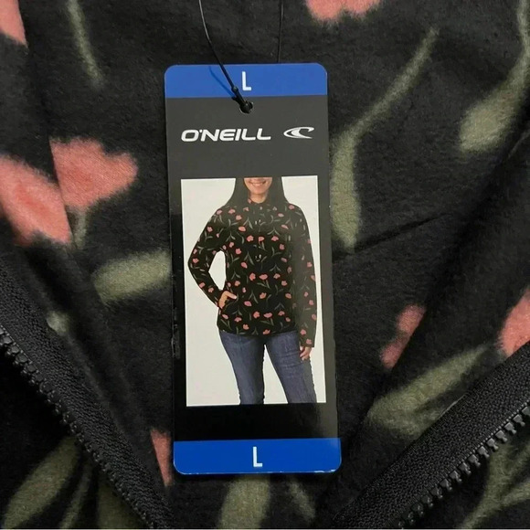 O’NEILL Hooded Top Half Zip Pullover Polar Fleece Flower Print Large Black NEW, - Picture 5 of 16